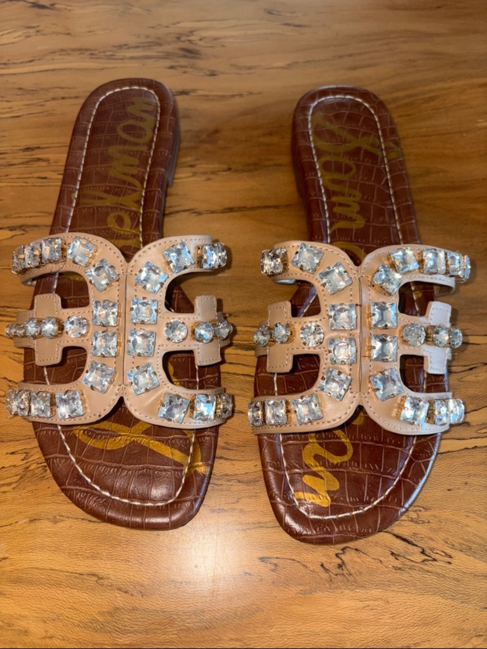 Sam Edelman Tan Crystal-Embellished Slide Mules
